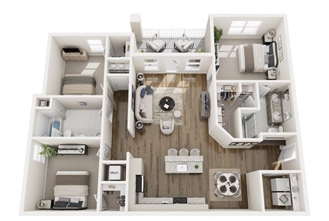 A top-down view of a small apartment layout with a kitchen, living room, and bedroom.